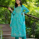 Pure Fine Cotton 60-60 Fabric With Embrioday Naira Cut Kurti with Pant Dupatta