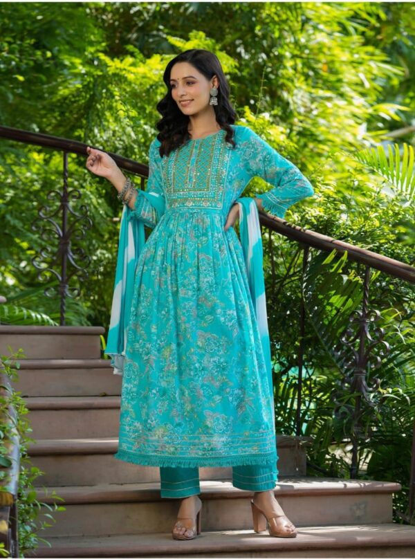 Pure Fine Cotton 60-60 Fabric With Embrioday Naira Cut Kurti with Pant Dupatta