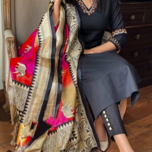 Black Suit with Red Dupatta: Elegant Cotton Ensemble